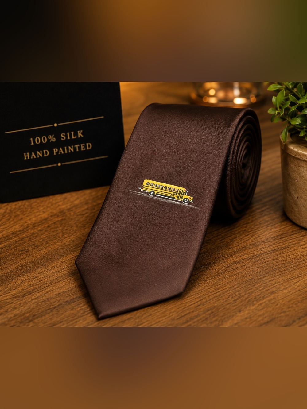 Hand Painted School Bus 100% Silk Brown Educator Necktie